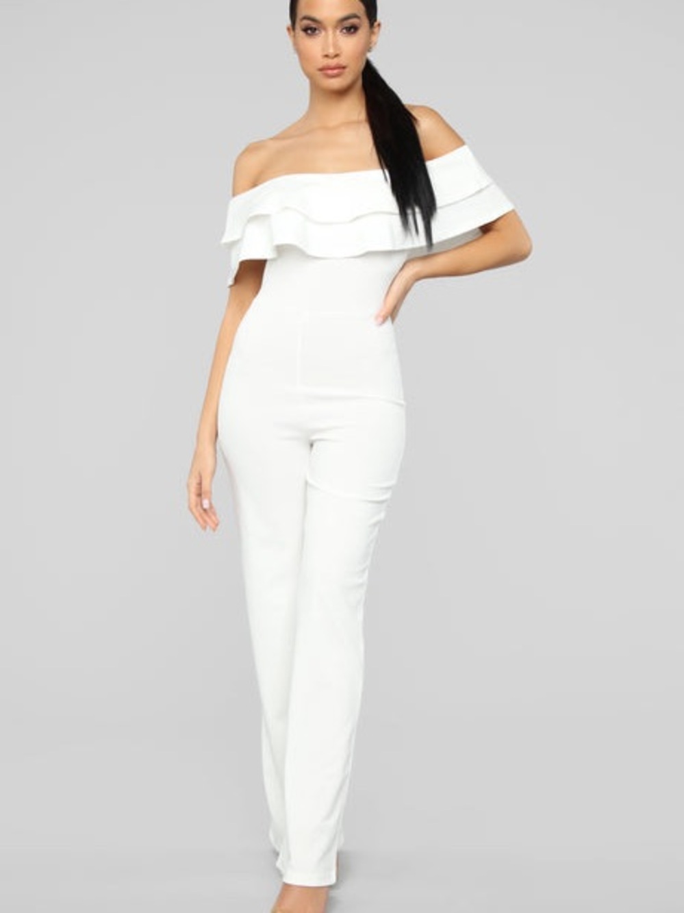 Fashion Nova White Off-Shoulder Ruffle Jumpsuit